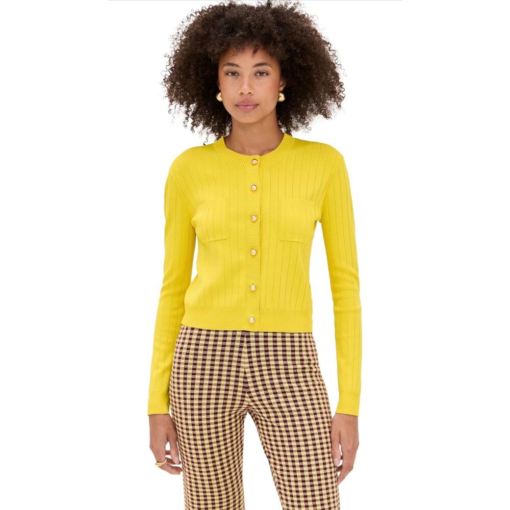 Le Bop Citron Yellow Lightweight Cardigan Sz M Button Up Crew Neck Double Pocket
